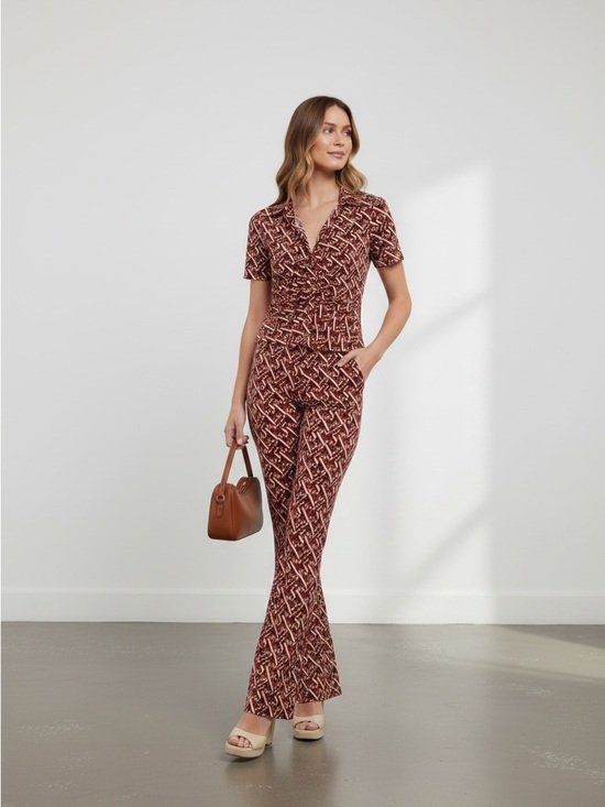 Wayf Pants - Wayf Brown Printed Short-Sleeve Boot-Cut Jumpsuit